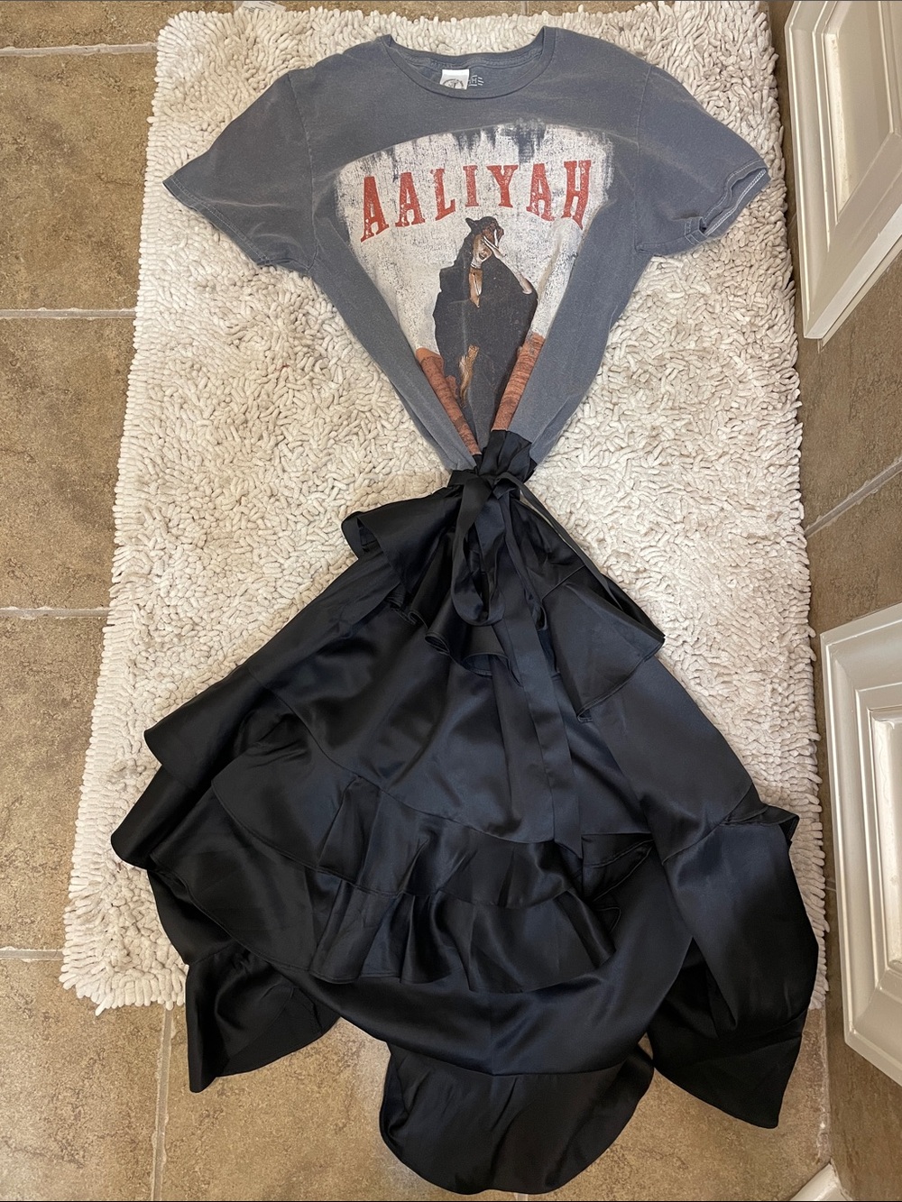 Aaliyah Graphic Band Tee - Gray with Black Ruffled Skirt Styling - Custom